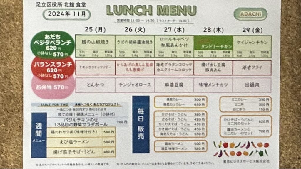 足立区役所北館地下食堂のメニュー